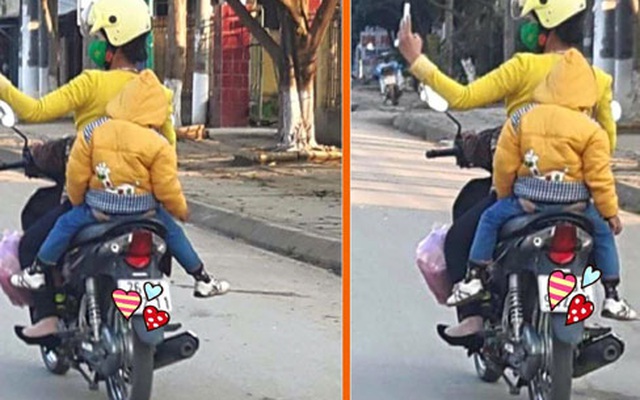 Đèo con bằng xe máy, mẹ tranh thủ chụp ảnh "tự sướng"
