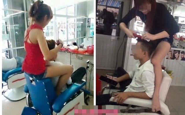 Nữ nhân viên cắt tóc diện đồ thiếu vải trèo lên cổ khách hàng nam