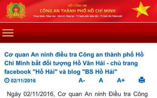 Công an TP HCM bắt chủ trang facebook "Hồ Hải" và blog "BS Hồ Hải"