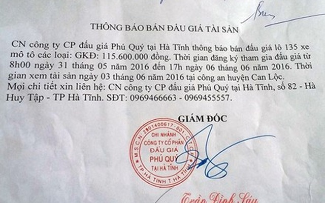 Hà Tĩnh: Báo cáo Bộ Tư pháp về vụ “nhập nhèm” bán đấu giá 135 xe máy của công an