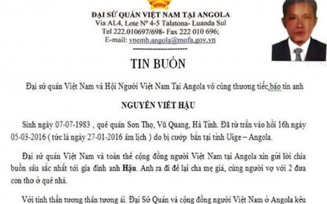 2 lao động Việt Nam tại Angola bị cướp bắn chết