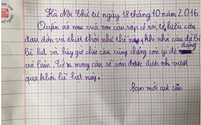 Cảm động lá thư gửi ‘người bạn lạ’ sau cơn lũ lụt của cậu bé lớp 4