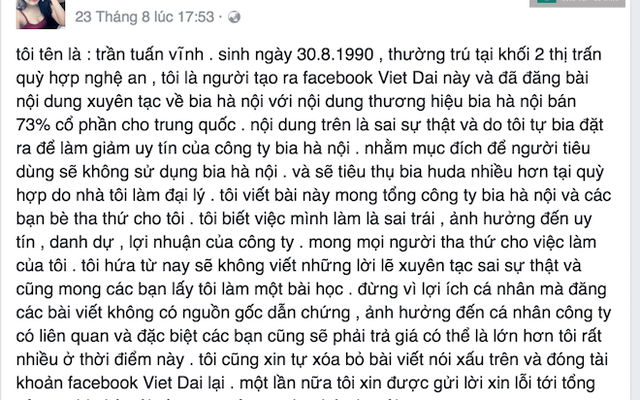 Thanh niên lên facebook "nói xấu" bia Hà Nội, bị phạt 12,5 triệu