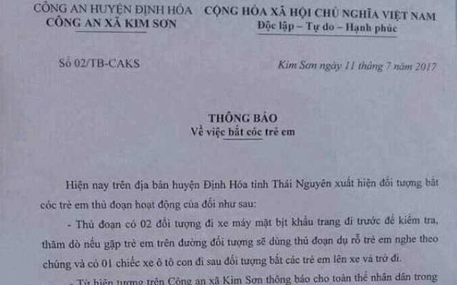 Công an xã ở Thái Nguyên thu hồi thông báo cảnh báo bắt cóc trẻ em