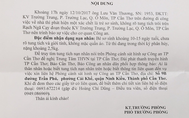 Truy tìm tung tích trẻ sơ sinh phát hiện tử vong trôi trên sông