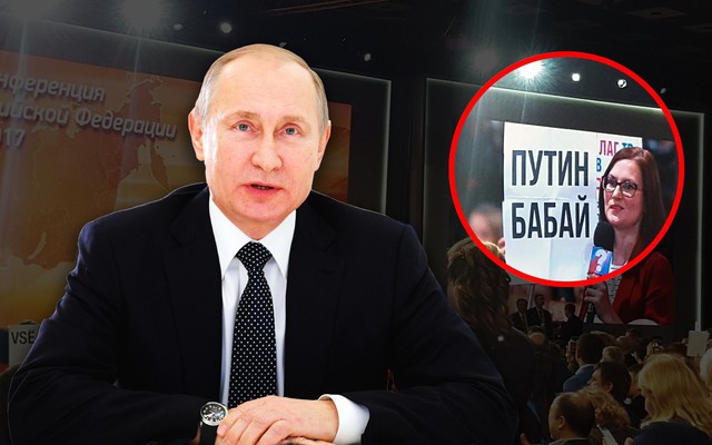 Phản ứng bất ngờ của Tổng thống Nga khi thấy tấm biển "Putin bye-bye" trong họp báo 2017