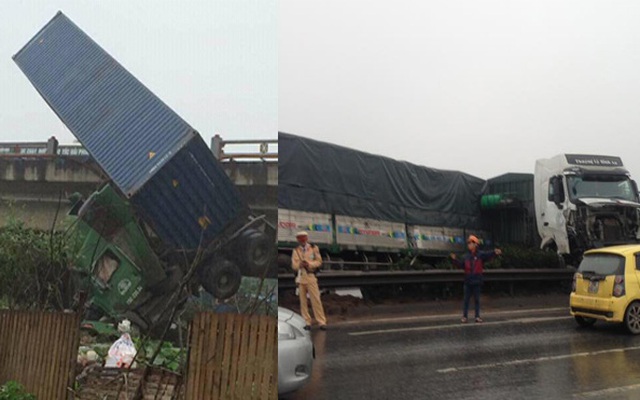 Tránh vụ va chạm giao thông, xe container lao qua thành cầu Thanh Trì đâm xuống đất
