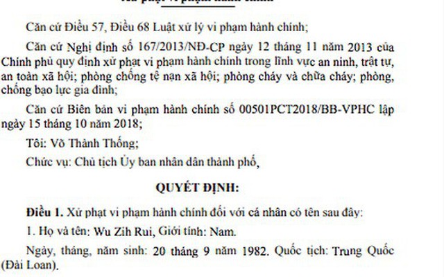 Tạm trú quá hạn, 1 người Trung Quốc bị phạt 39 triệu đồng