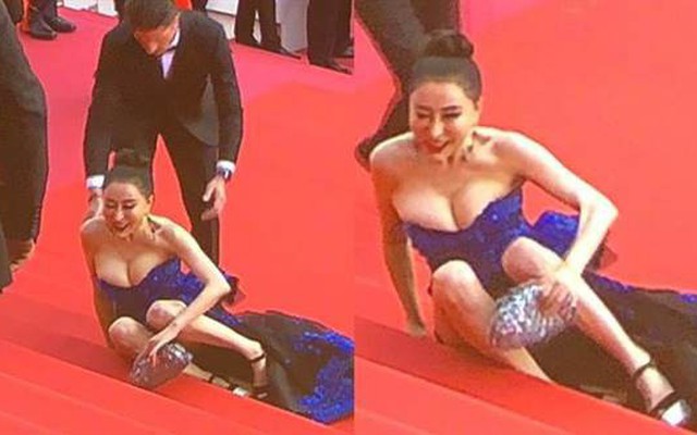 Hoa hậu Trung Quốc giả vờ ngã để gây chú ý trên thảm đỏ Cannes 2018?