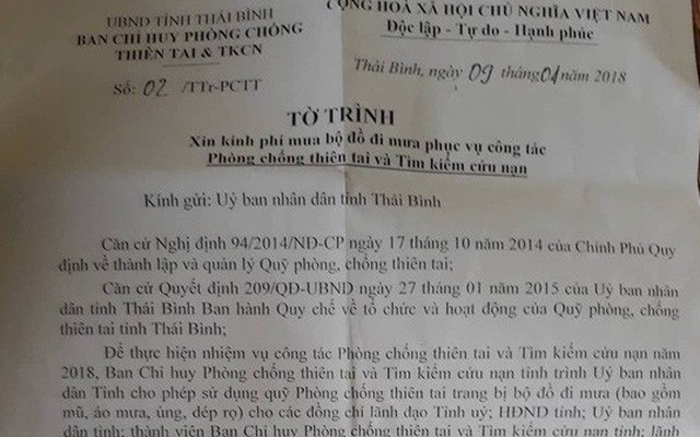 Đề xuất mua áo mưa 1 triệu đồng/bộ, Trưởng phòng Thủy lợi Thái Bình: “Tôi không biết áo mưa loại đó là loại gì"