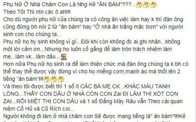 “Phụ nữ ở nhà chăm con là những kẻ ăn bám” gây bão mạng