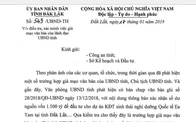 Điều tra việc làm giả văn bản của Chủ tịch tỉnh Đắk Lắk