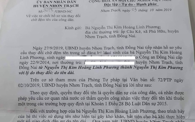 Người phụ nữ ở Đồng Nai xin thay đổi tên vì quá dài, huyện từ chối giải quyết là "cứng nhắc"