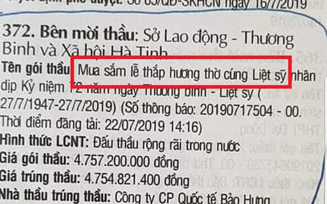 Xôn xao thông tin gói thầu “mua sắm lễ thắp hương” gần 5 tỷ đồng của Sở LĐTBXH Hà Tĩnh