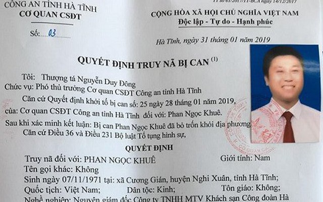 Truy nã Giám đốc khách sạn Công Đoàn Hà Tĩnh