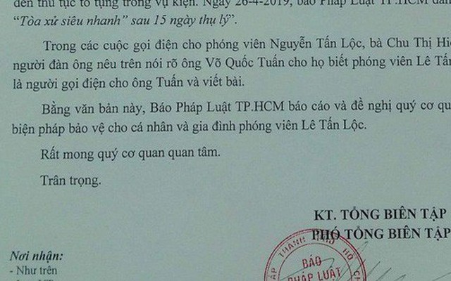 Một phóng viên Báo Pháp Luật TP HCM bị dọa “thanh toán cả gia đình”