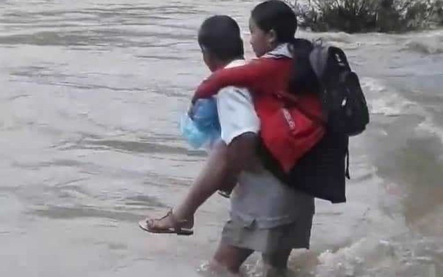 Quảng Nam: Cha cõng con băng dòng nước lũ cuồn cuộn đến trường