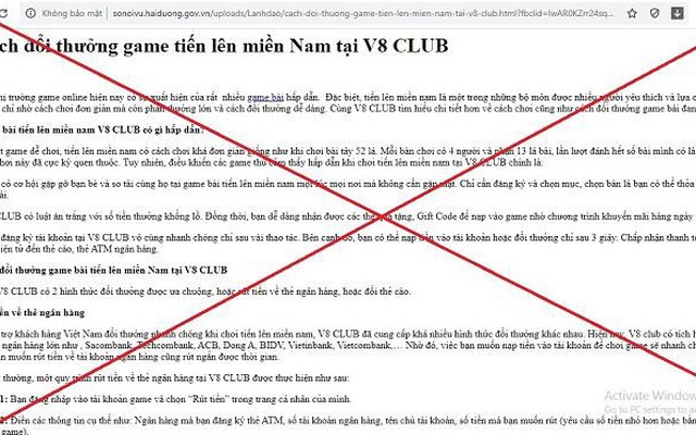 Website Sở Nội vụ Hải Dương bị hacker tấn công, đăng hướng dẫn game cờ bạc