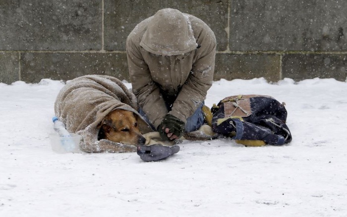24h qua ảnh: Chó cùng chủ ngồi ăn xin dưới mưa tuyết gây xúc động